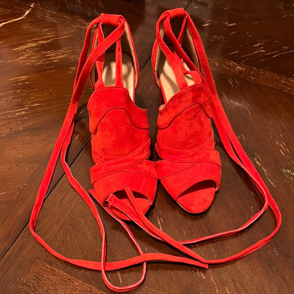 Red Orange Suede High Heel Sandals that Lace Up, so comfy!!